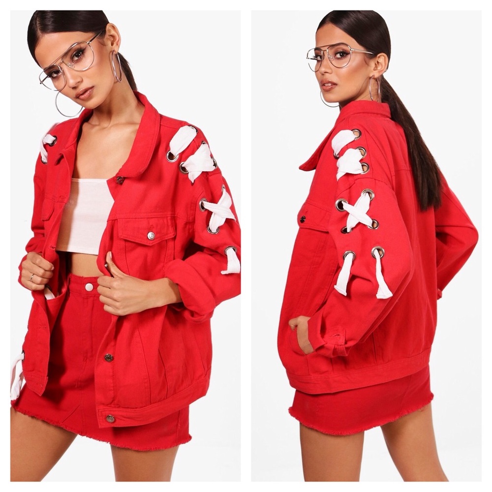 Stephanie Eyelet Lace-Up Oversized Denim Jacket